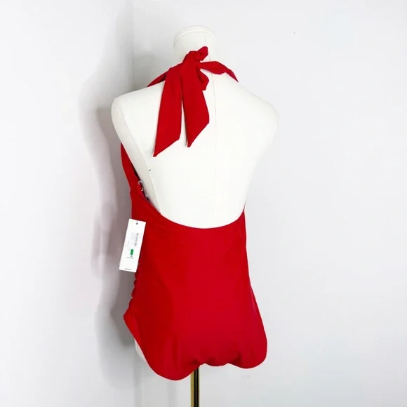 DKNY Red Halter One Piece Swimsuit Tummy Control UPF 40+ Size Large NWT slimming - Picture 3 of 8